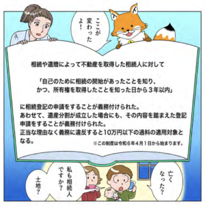 トウキツネ「相続したら登記が必須で罰則もあるけど手続きはカンタンになったよ！」共有者に行方不明者がいても何とかできるようになったよ！」